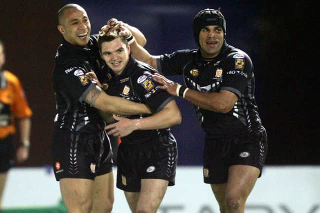 Danny Brough celebrates a try for Hull against Warrington in 2006 (Picture: Varleys)