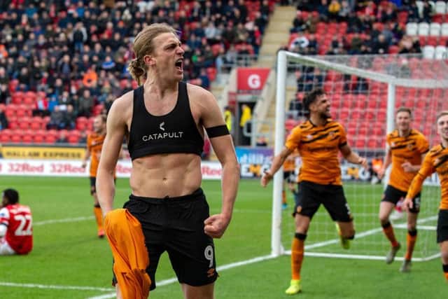Ecstatic Tom Eaves celebrates his hat-trick and 93rd minute winner at Rotherham United (PIC: BRUCE ROLLINSON)