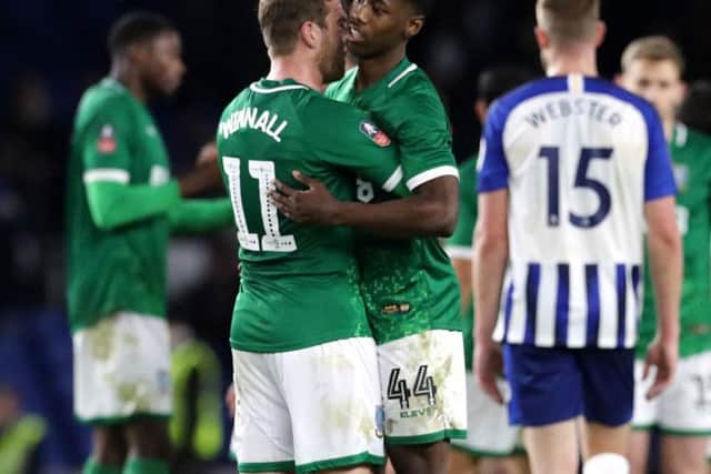 Sheffield Wednesday's Sam Winnall (left) and Osaze Urhoghide (right) celebrate after the final whistle (CREDIT: Gareth Fuller/PA Wire)