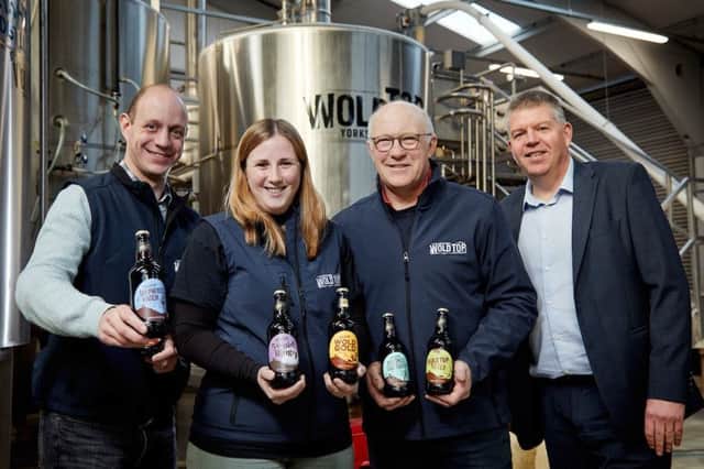 Alex and Kate Balchin and Tom Mellor of Wold Top Brewery at Hunmanby with Ian Atkinson of Mercia, which has extended a £200,000 to the brewery to enable it to expand. December 2019:  Shaun Flannery/shaunflanneryphotography.com