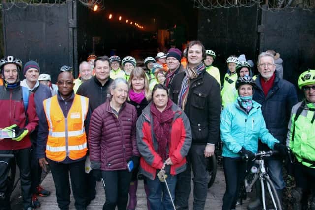 Cyclists and campaigners at a rally in 2019 calling for the tunnel between Halifax and Bradford to be turned into a cycleway path