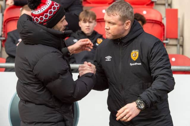 Paul Warne and Grant McCann, managers of 
Rotherham United v Hull City, before kick-off. (Picture: Bruce Rollinson)