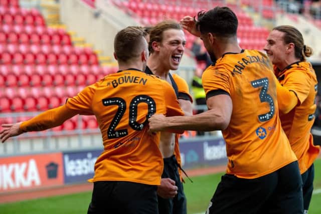 Hull Cuity's Tom Eaves celebrates his hat-trick and match-winning goal against 
Rotherham United (Picture: Bruce Rollinson)