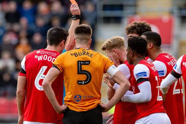 Red card for Adam Thompson for foul on Keane Lewis-Potter.
 (Picture: Bruce Rollinson)