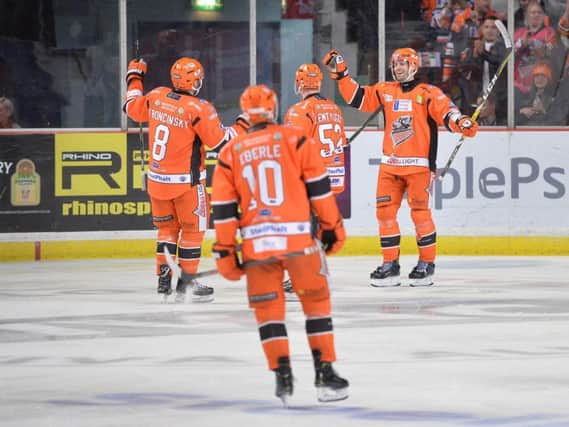 Josef Hrabal celebrates his first goal for Sheffield Steelers in the 6-2 win against Guildford Flames on Saturday. Picture courtesy of Dean Woolley.