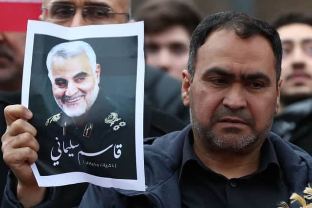 Protesters demonstrate outside the US Embassy in Nine Elms, London, after the US killed the head of Tehran's elite Quds Force and Iran's top general, General Qassem Soleimani, in a drone strike at Baghdad's international airport.
