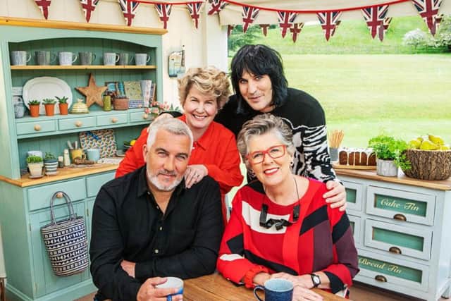 The Great British Bake Off presenters (rear left to right) Sandi Toksvig and Noel Fielding with (front left to right) Paul Hollywood and Prue Leith. Credit: PA/ C4/Love Productions/Mark Bourdil.