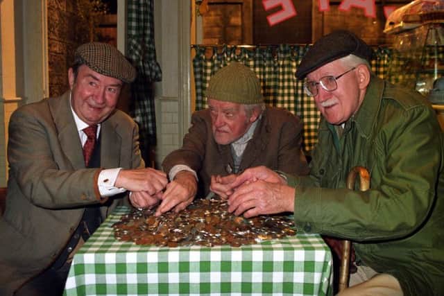 Last of the Summer Wine actors (left to right) Peter Sallis (Clegg) Bill Owen (Compo) and Brian Wilde (Foggy). Credit: PA Wire.