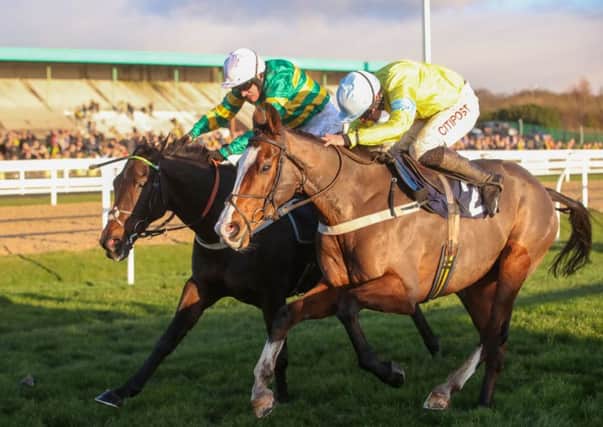 Cornerstone Lad and Henry Brooke (near side) deny Buveur D'Air in the Fighting Fifth Hurdle. Photo: Grossick Racing.