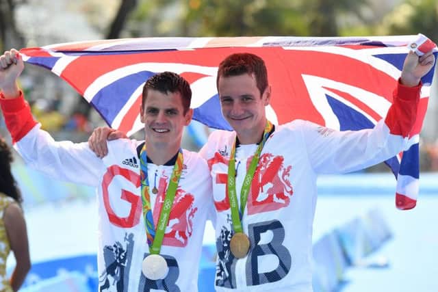 Alisitair and Jonny Brownlee celebrate their one-two at the Rio Olympics.