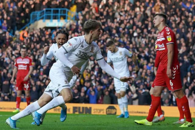 GRIM VIEWING: Leeds United's Patrick Bamford scores his side's first goal of the game against Middlesbrough in a 4-0 win at Elland Road. Picture: Ian Hodgson/PA