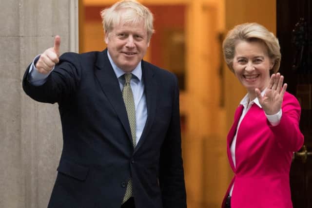 Prime Minister Boris Johnson greets EU Commission president Ursula von der Leyen ahead of a meeting in Downing Street. Photo: Stefan Rousseau/PA Wire