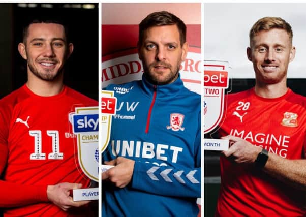 WINNERS (from left): Barnsley striker Conor Chaplin, Middlesbrough boss Jonathan Woodgate and Eoin Doyle, now back at Bradford City after a successful loan spell at Swindon Town. Pics courtesy of EFL.