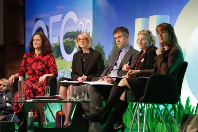 Environment Secretary Theresa Villiers, Professor Fiona Smith, Craig Bennett, Anna Hill (OFC Director and session chair), Minette Batters.