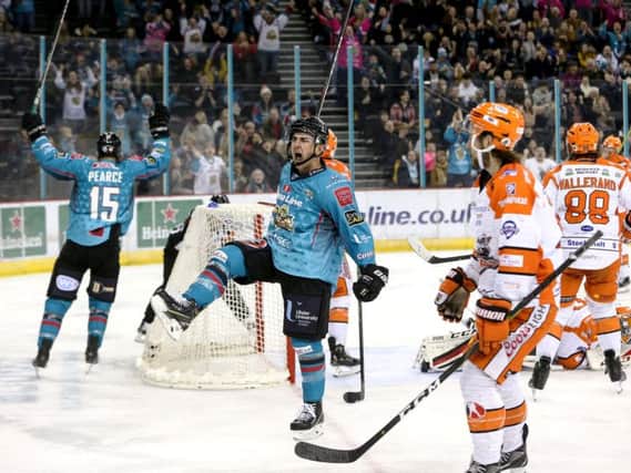 KEY MOMENT: David Goodwin celebrates what proved to be the game-winning goal against Sheffield Steelers on Friday night. Picture: William Cherry/EIHL.