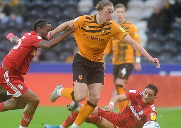 On the attack: Hull City striker Tom Eaves breaks through the Fulham defence. Picture: Simon Hulme