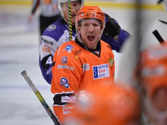 Brendan Connolly celebrates one of his two goals against Glasgow on Sunday night at FlyDSA Arena . Picture: Dean Woolley.