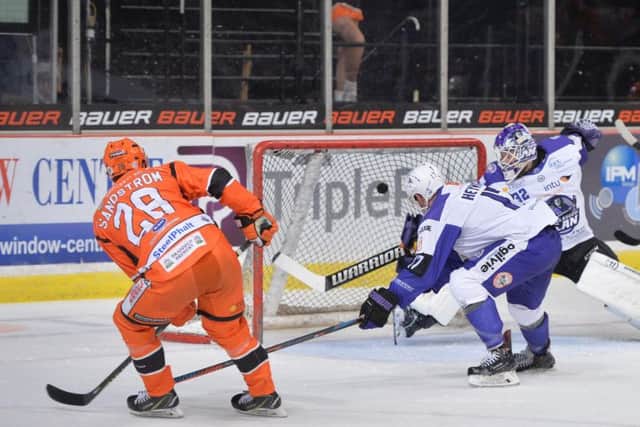 Lucas Sandstrom makes it 3-3 against Glasgow Clan on Sunday. Picture: Dean Woolley.