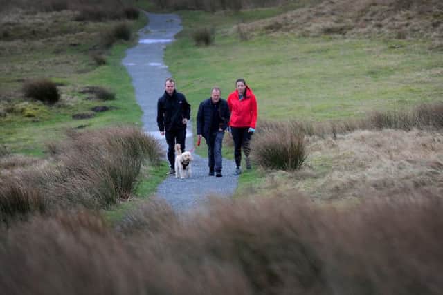 Mike Tomlinson with Jake Salter, Katy Dronsfield and dog Doris out walking the  area, a favourite with his late wife Jane. PIC: Simon Hulme