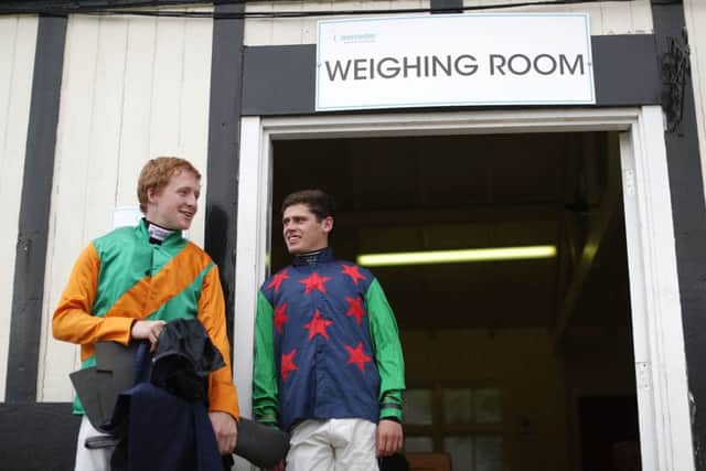 Jockey Stan Sheppard (left) with weighing room colleague Richard Patrick.