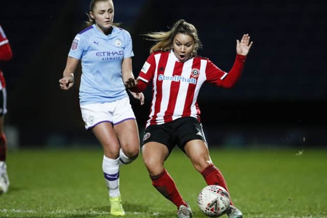 Alethea Paul of Sheffield United passes the ball forward during the The FA Women's Continental League Cup match aganst Manchester City.   Picture: James Wilson/Sportimage