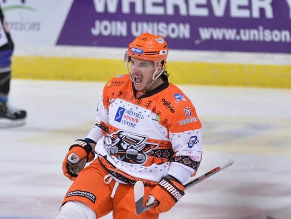 INJURY FEAR: Sheffield Steelers' forward, Anthony DeLuca had to be helped off the ice in Glasgow. Picture courtesy of Dean Woolley.