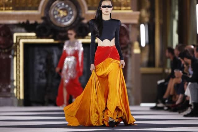 EXPOSED: Especially at the waist, as seen here at Balmain where mid-sections were given the cut-out-and-keep treatment (ideal for fashionista belly dancers). Elsewhere, at Missoni, Oscar de la Renta and Emporio Armani exposed triangles of torso flesh. Its a look that the red carpet and, inevitably, Love Island contestants adore - go for intriguing small flashes rather than out-and-out erogenous zone flashing. The Balmain SS20 collection in Paris. (AP Photo/Thibault Camus)
