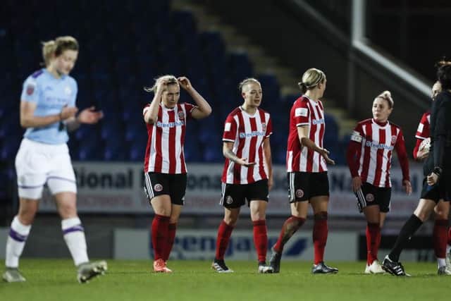 Sheffield United players show their frustration during the Women's Continental League Cup match against Manchester City. Picture: James Wilson/Sportimage
