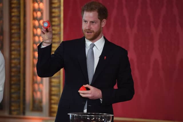 The Duke of Sussex hosts the Rugby League World Cup 2021 draw at Buckingham Palace. Picture: Jeremy Selwyn/PA.