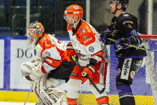 BACK IN THE GAME: Aaron Johnson made his long-awaited return to the ice in Wednesday's 5-1 Challenge Cup semi-final, first leg win at Glasgow. Picture courtesy of Al Goold/EIHL.
