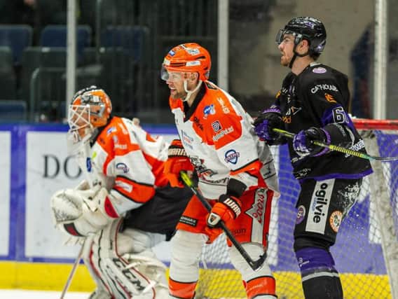 BACK IN THE GAME: Aaron Johnson made his long-awaited return to the ice in Wednesday's 5-1 Challenge Cup semi-final, first leg win at Glasgow. Picture courtesy of Al Goold/EIHL.