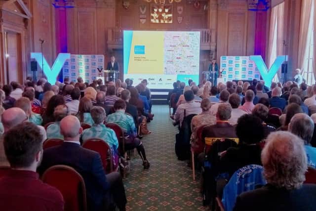 People gather at Leeds Civic Hall for the announcement of the Tour de Yorkshire 2020. Picture: Tony Johnson.