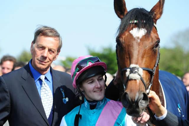 Tom Queally with Frankel and the late Sir Henry Cecil.