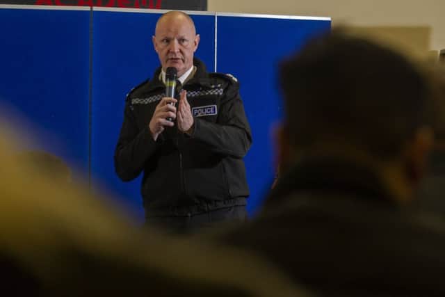 Police Chief Supt Stuart Barton speaks at a public meeting held  at The Arbourthorne Centre in Sheffield following the recent shooting of a 12-year-old boy in Sheffield and a spate of gun and knife crime incidents in the Arbourthorne area where the most recent attack happened.  Picture Tony Johnson.