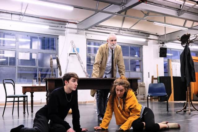 Danny Sykes, Robert Pickavance and Gemma Barnett in rehearsal at Leeds Playhouse. (Zoe Martin).