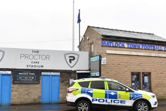Police outside the grounds of Matlock Town Football Club after footballer Jordan Sinnott died in hospital shortly before 6pm on Saturday. Jacob King/PA Wire