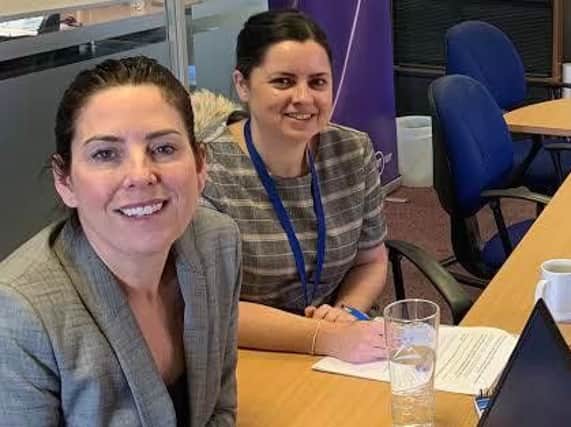 Louise Palmer, sales manager at BT Local Businesses in Sheffield, signs up to an Apprenticeship Service account with the help of Vicki Eadson, business development officer at The Source Skills Academy