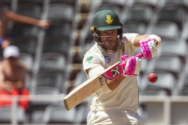 South Africa's captain Faf du Plessis pulls through mid-wicket on day four at the Wanderers. Picture: AP/Themba Hadebe
