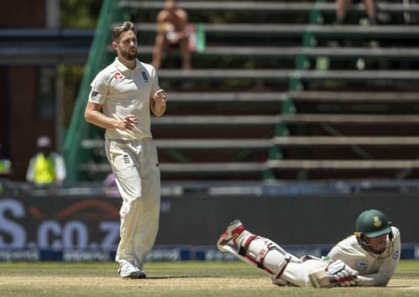 HIGH TIMES: Chris Woakes, left, watches South Africa's batsman Rassie van der Dussen evades a bouncer on day four at the Wanderers. Picture: AP/Themba Hadebe