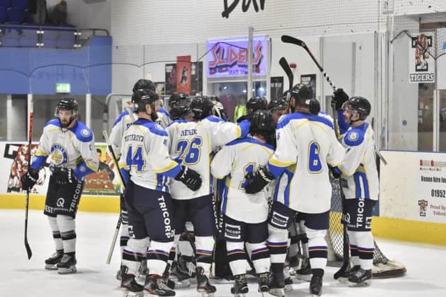 Leeds Chiefs' players celebrate their overtime win at leaders Telford Tigers. Picture courtesy of Steve Brodie.