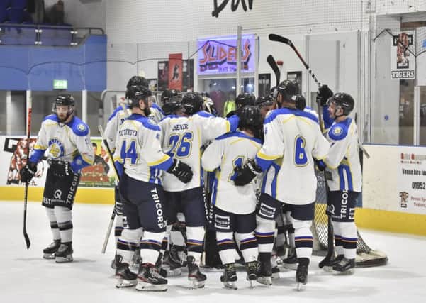 Leeds Chiefs' players celebrate their overtime win at leaders Telford Tigers. Picture courtesy of Steve Brodie.