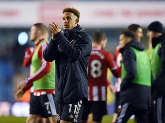 Callum Robinson, pictured applauding Sheffield United fans after the weekend FA Cup win at Millwall. PICTURE: SPORTIMAGE.