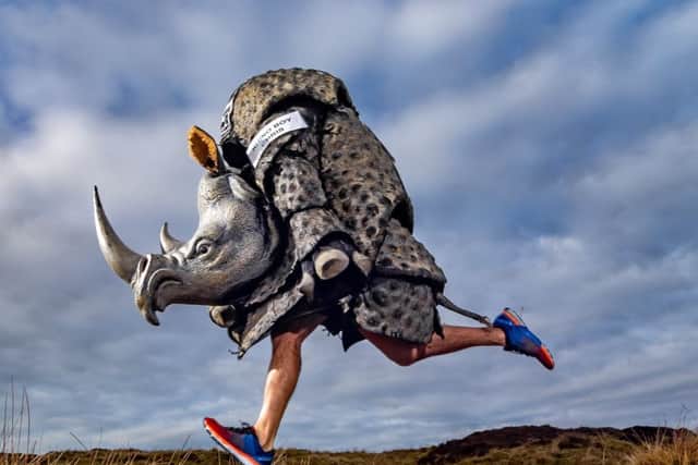 .
Children's author and chairty fundraiser Chris Green, of  Embsay, near Skipton, has been dubbed 'Rhino Boy' as he has pledged to run 40 marathon and other events dressed as a Rhino to raise money for Save the Rhino.
Picture James Hardisty.