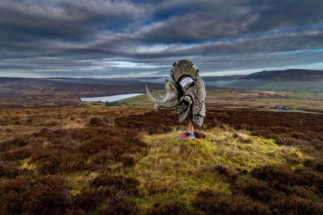 Children's author and chairty fundraiser Chris Green, of  Embsay, near Skipton, has been dubbed 'Rhino Boy' as he has pledged to run 40 marathon and other events dressed as a Rhino to raise money for Save the Rhino. Picture james Hardisty