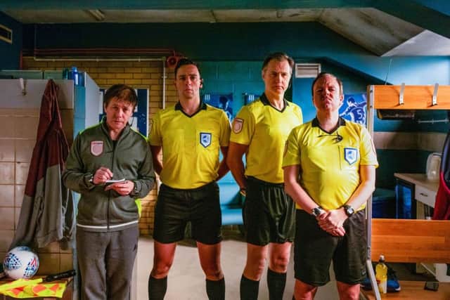 Pictured: (L-R) Reece Shearsmith as Brendan, Ralf Little as Phil, David Morrissey as Martin and Steve Pemberton as Oggy. Picture: Photo/BBC/Sophie Mutevelian.