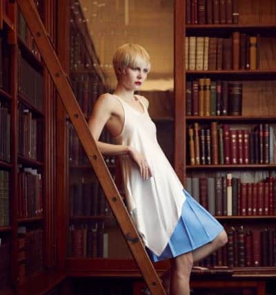 Janet vest in white, £95; Cyrinda skirt in blue, £95, by Bo Carter. Model Jemima Robinson at The Leeds Library. Plcture by Steve Gabbett