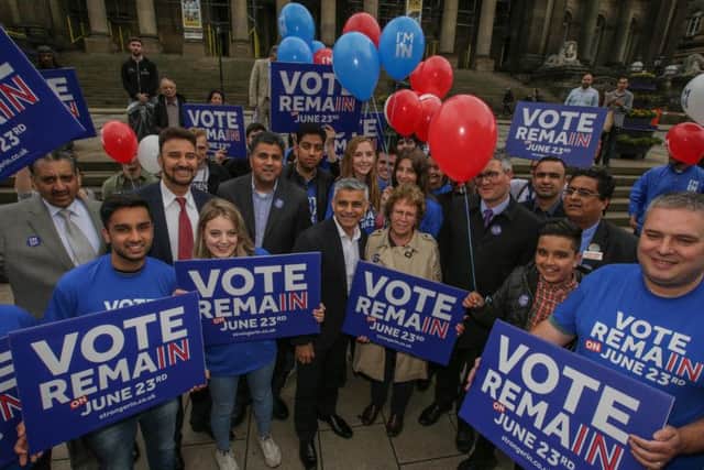 Remain supporters at an event in Leeds, joined by Sadiq Khan, ahead of the referendum in 2016