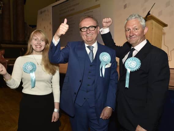 Brexit Party MEPs Jake Pugh (right), Lucy Harris and John Longworth when elected in May 2019. Ms Harris and Mr Longworth later left the party. Photo: JPI Media