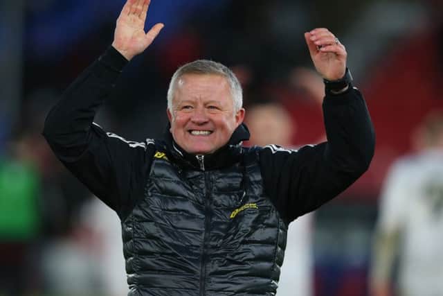 Sheffield United's manager Chris Wilder celebrates after the win over Palace.