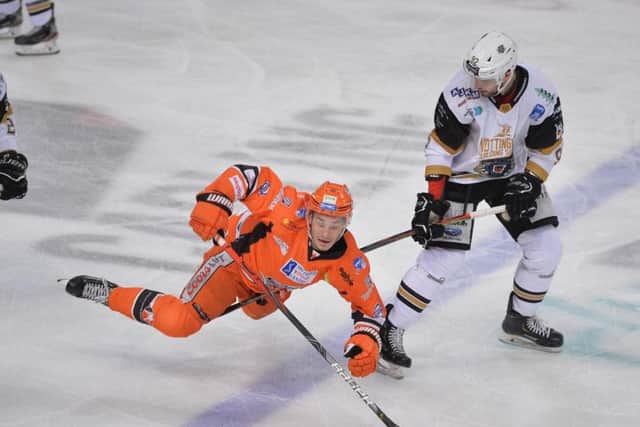 Sheffield Steelers' Tanner Eberle takes a tumble during Saturday's 5-1 defeat at home to Nottingham Panthers. Picture: Dean Woolley.